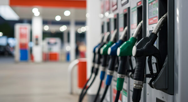 Close-up of several fuel pumps at a gas station at night.